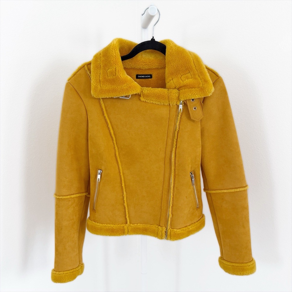 Cache Cache Jacket Womens XS Yellow Faux Fur Bomber Jacket Y2K Bratz Retro Fall
